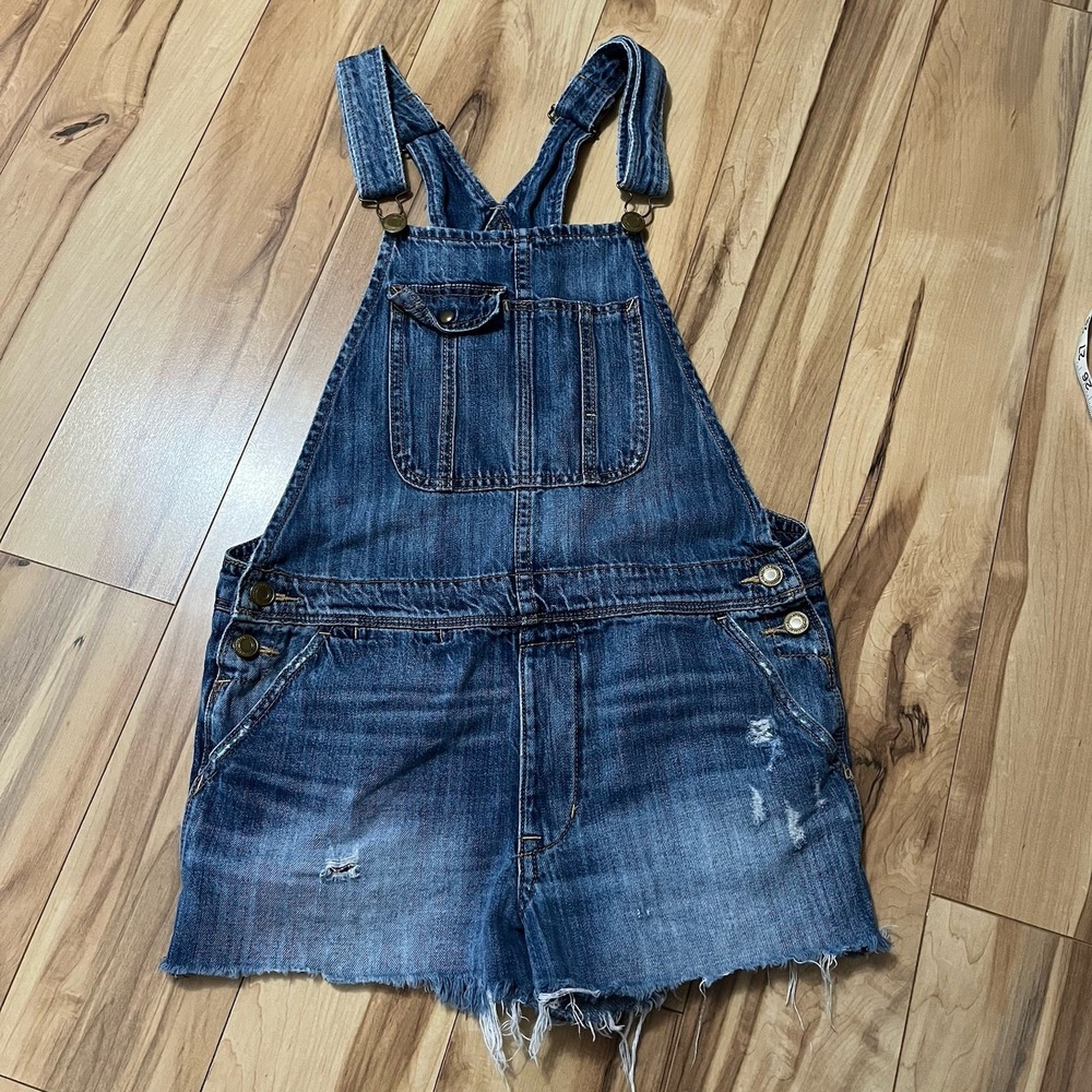 American Eagle Women's XS/S Raw Hem Overall Jean Shorts Denim Shortails Tomgirl